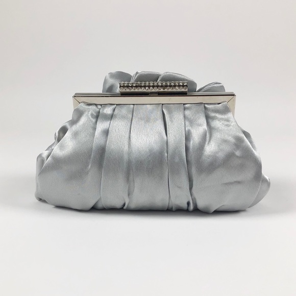 Silver Satin Crystal Flower Frame Evening Clutch - Picture 3 of 8
